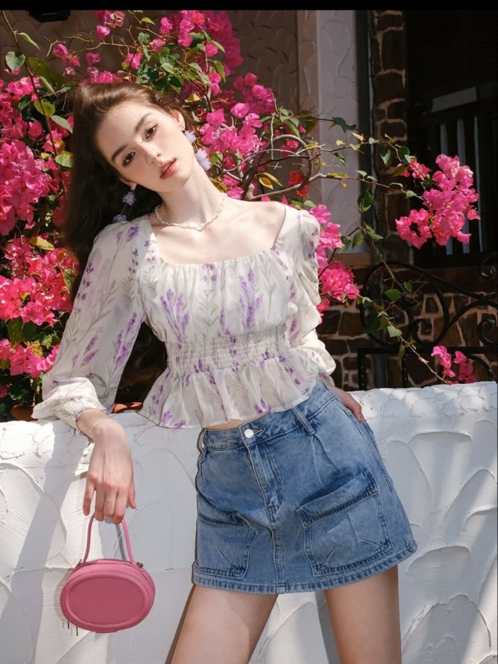 Floral Smocked Peasant Top - Cream with Lavender Print